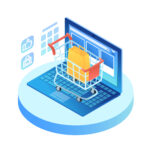 Isometric laptop with shopping cart on keypad. Open portable computer with internet browser interface on screen. Online shopping concept. Infographic vector illustration on  ultraviolet background